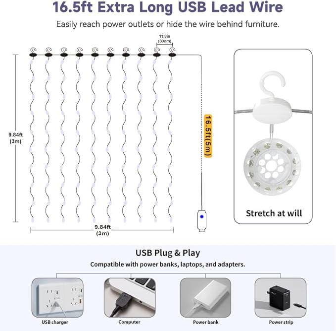 HXWEIYE 300LED Untangled Curtain Lights, 9.8x9.8Ft USB Fairy Twinkle String Lights with Remote and DIY Timer, 8 Modes Window Wall Hanging Light for Bedroom Dorm Backdrop Room Decor, White