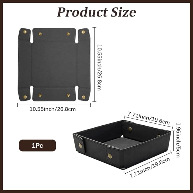 Portable PU Leather Valet Tray for Travel Foldable Leather Jewelry Storage Case Catchall Dish Plate Necklace Black Pendant Organizer Holder Container for Men Women Desk Bedside Drawers
