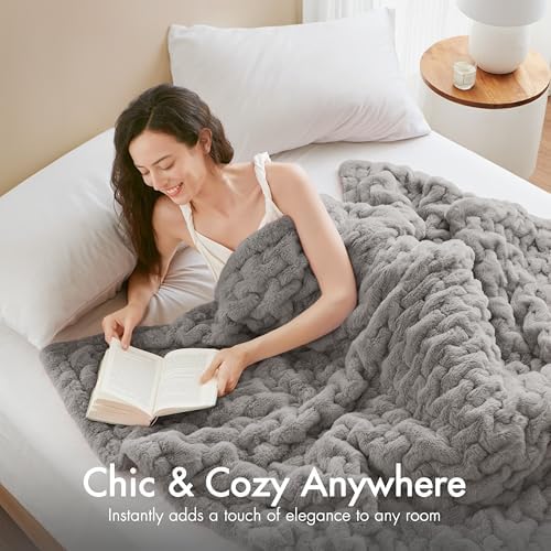 Madison Park Ruched Fur Luxury Throw Premium Soft Cozy Brushed Long Faux Fur For Bed, Couch or Sofa , 50x60" , Grey
