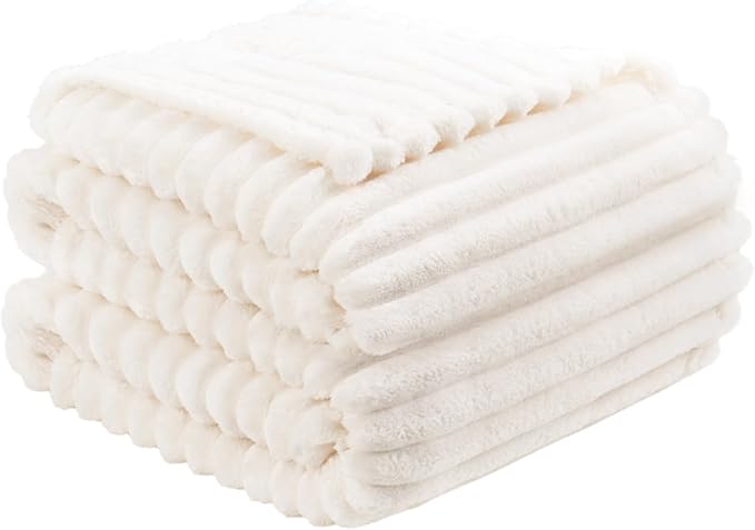 Vessia Flannel Fleece Cream Twin Blanket(60x80inch), 300GSM Striped Blanket for Adults and Kids, Super Soft Warm Cozy Lightweight Home Decor for All-Season