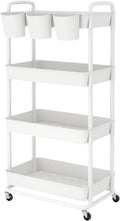 JIUYOTREE 4-Tier Plastic Rolling Storage Cart Utility Cart with Extra Hanging Cups Handles Lockable Wheels for Living Room Bathroom Kitchen Office White