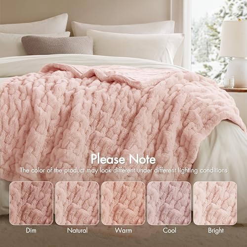 Madison Park Ruched Luxury Throw Premium Soft Cozy Brushed Long Faux Fur For Bed, Couch or Sofa, 50"x60", Blush