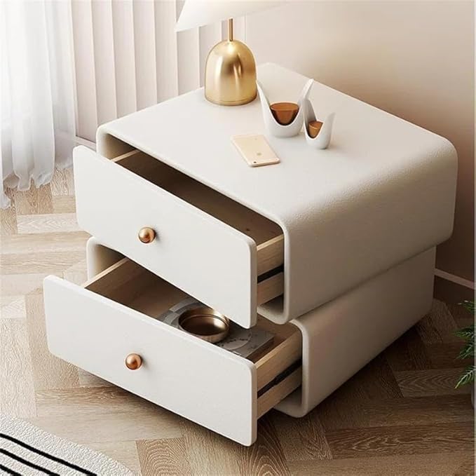360° Rotating Nightstand – Handcrafted Solid Wood & Leather Bedside Table with Dual Storage Drawers for Modern Home Decor (White)