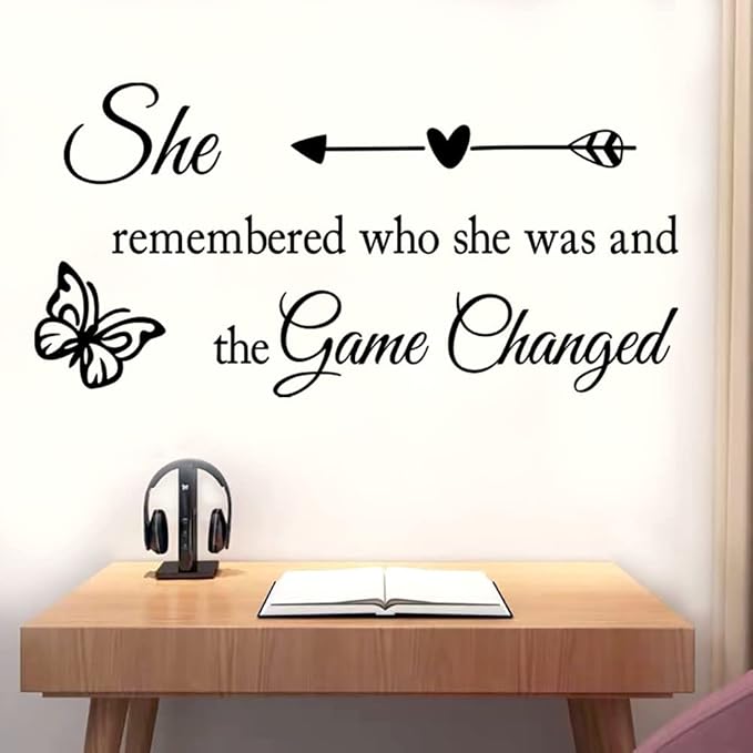 Girls Inspirational Wall Sticker Decal Wall Art Quote She Remembered Who She Was And the Game Changed Positive Motivational Butterfly Decor Wall Stickers for Women Girls Bedroom Living Room Beauty