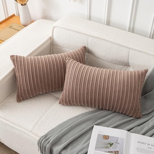 UGASA 12x24 Inch Pillow Cover Pack of 1 Soft Boho Stripe Corduroy Long Rectangle Lumbar Cushion Case Farmhouse Decorative Throw Pilowcase for Bed, Couch, Sofa, Bedroom, Living Room, Light Brown