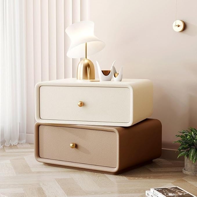 360° Rotating Nightstand – Handcrafted Solid Wood & Leather Bedside Table with Dual Storage Drawers for Modern Home Decor (White-Brown)