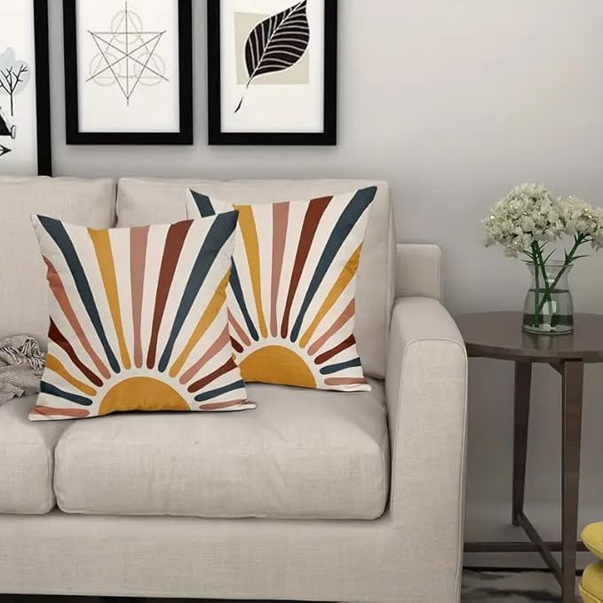 Boho Sunburst Decorative Throw Pillow Cover, Modern Abstract Design with Multicolor Rays in Navy, Mustard, and Terracotta, 2 Pack，18x18 Pillows Linen Pillowcase