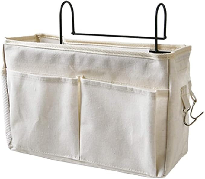 Bedside Caddy,Hanging Basket Bedside Organizer Storage for College Bunk Dorm Rooms Hospital Beds Rails,White Canvas Sturdy Iron Frame with Side Mesh Pocket for Glasses Books Phones Keys Cable