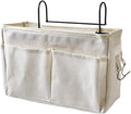 Bedside Caddy,Hanging Basket Bedside Organizer Storage for College Bunk Dorm Rooms Hospital Beds Rails,White Canvas Sturdy Iron Frame with Side Mesh Pocket for Glasses Books Phones Keys Cable