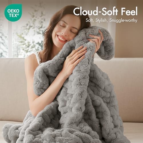 Madison Park Ruched Fur Luxury Throw Premium Soft Cozy Brushed Long Faux Fur For Bed, Couch or Sofa , 50x60" , Grey