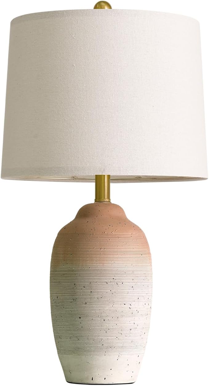 24.5" Ceramic Table Lamp with 5FT Cord, Single Farmhouse Vintage Rustic Bedside Lamp for Living Room Bedroom Entryway, Linen Shade Nightstand End Table Decor (Bulb Not Included)-White&Brown