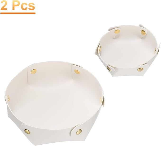 HARFINGTON 2pcs PU Leather Valet Tray Unisex Valet Tray Folding Round Catchall Tray Portable Entryway Table Tray Nightstand Bedside Desk Tray for Key Watch Coin Jewelry Dice, White