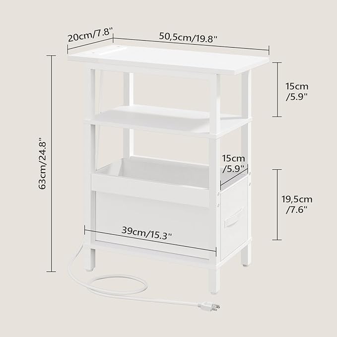Narrow Side Table with Charging Station, Slim End Table with Fabric Storage, Skinny Nightstand for Small Spaces, Thin Bedside Table for Living Room, Bedroom, White ETBW125E01