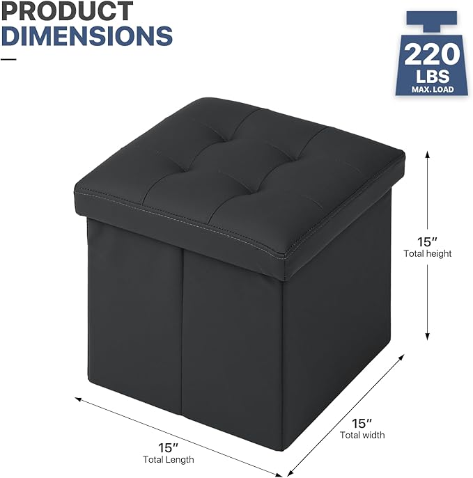 MoNiBloom Folding Storage Ottoman Cube, 15 Inches Small Ottoman with Storage, Footstool Rest Padded Seat for Living Room, Bedroom, Entryway, Hallway, Black