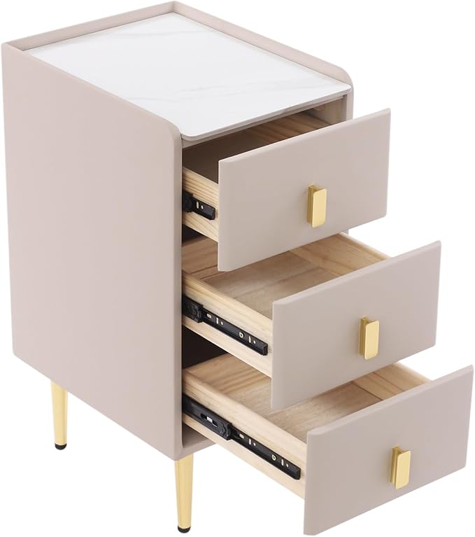 Narrow Nightstand with 3 Drawers, Narrow Side Table End Table Leather Bedside Cabinet Slim Storage Bedside Table for Small Space Bedroom Living Room Dormitories (Pink)