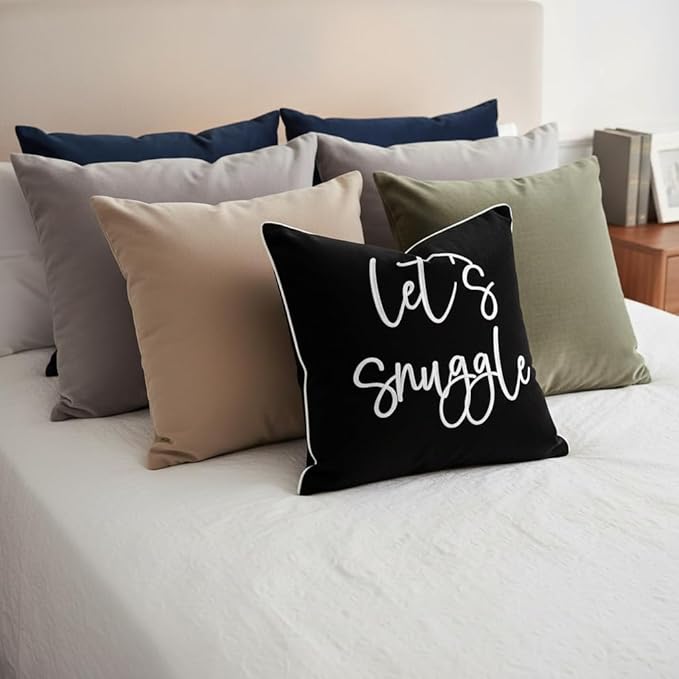 Sunkifover Let's Snuggle Decorative Throw Pillow Cover - 18" x 18" Black and White Cotton Embroidery Suqare Throw Pillowcase for Bed, Bedroom, Living Room, Home Decor