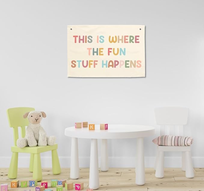 Girls Bedroom Hanging Banners Playroom Decor Boho Classroom Banner Kids Toddler Nursery Sign This Is Where The Fun Stuff Happens Play Room Signs Tapestry Wall Art