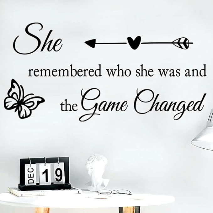 Girls Inspirational Wall Sticker Decal Wall Art Quote She Remembered Who She Was And the Game Changed Positive Motivational Butterfly Decor Wall Stickers for Women Girls Bedroom Living Room Beauty