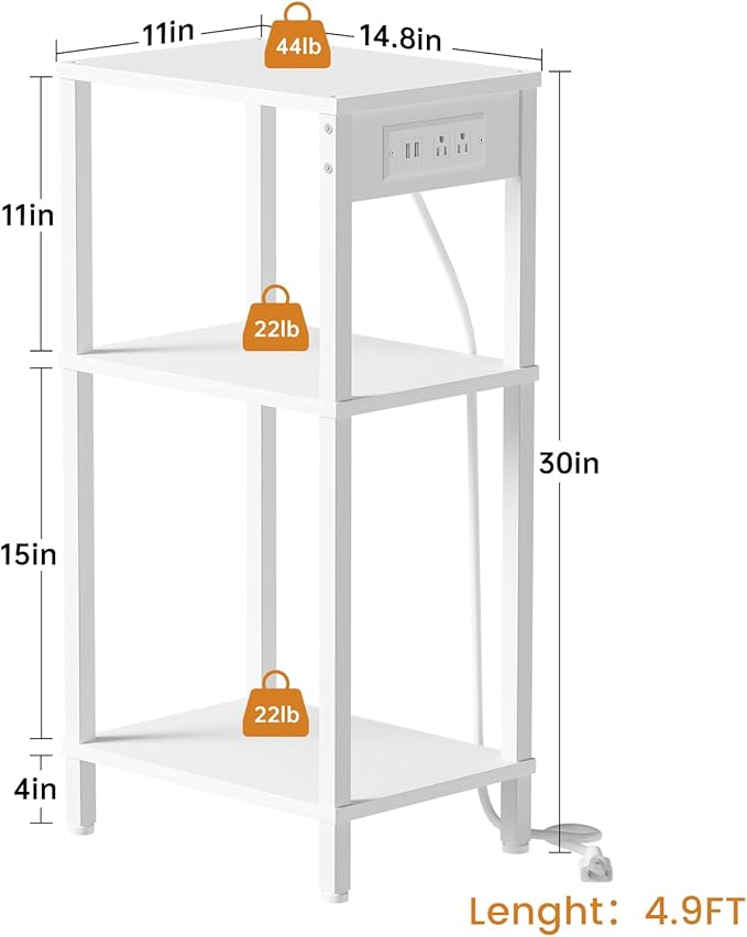 Tall End Table with Charging Station and USB Ports, 3 Tier Narrow Tall Bedside Table with Storage, Slim Nightstand with Outlets for Bedroom, Living Room, Nursery, Office, White