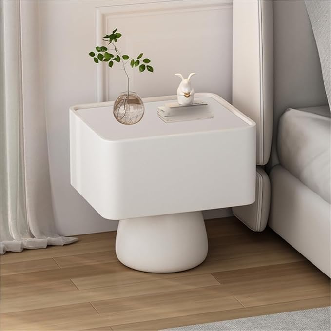 Creative Bedside Table with Drawers, Large Storage Capacity End Table, Wooden Nightstand with Leather Wrap for Living Room, Bedroom(White,17.7in)