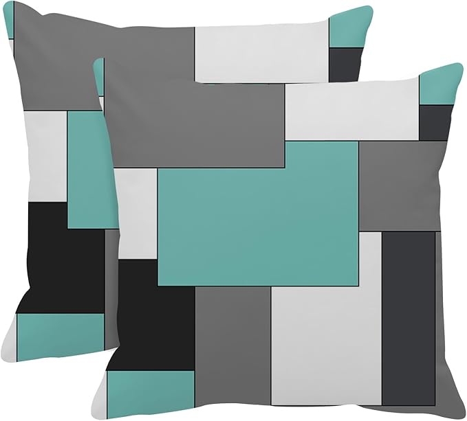 Emvency Set of 2 Teal Geometric Throw Pillow Cover Black Grey White Painting Abstract Checkered Design Decorative Pillow Case Modern Home Decor Standard Square 18x18 Inch Cushion Pillowcase