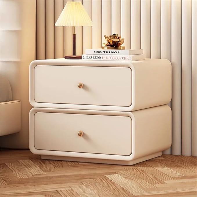 360° Rotating Nightstand – Handcrafted Solid Wood & Leather Bedside Table with Dual Storage Drawers for Modern Home Decor (White)