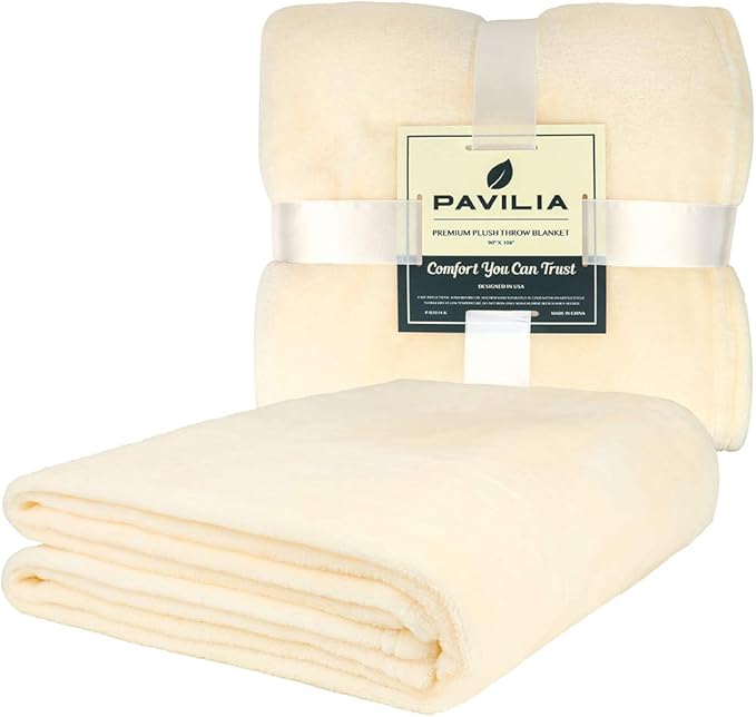 PAVILIA Beige Cream Fleece Bed Blanket King Size, Super Soft Fuzzy Flannel Throw for Couch Sofa, Luxury Plush Microfiber Large Throw Blanket King Bed, Home Cozy Velvet Gift Blanket, 90x108