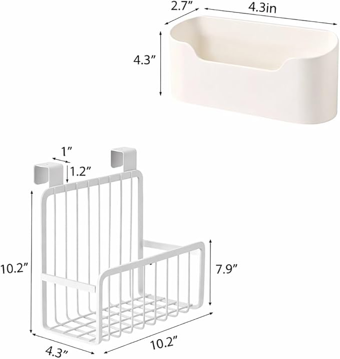 Cabinet Door Organizer, Over Cabinet Hanging Basket + 2 Adhesive Wall-Mounted Bins, White Metal & PP, No-Drill Space Saver for Kitchen, Bathroom, Under Sink, Office, Refrigerator, Bedside