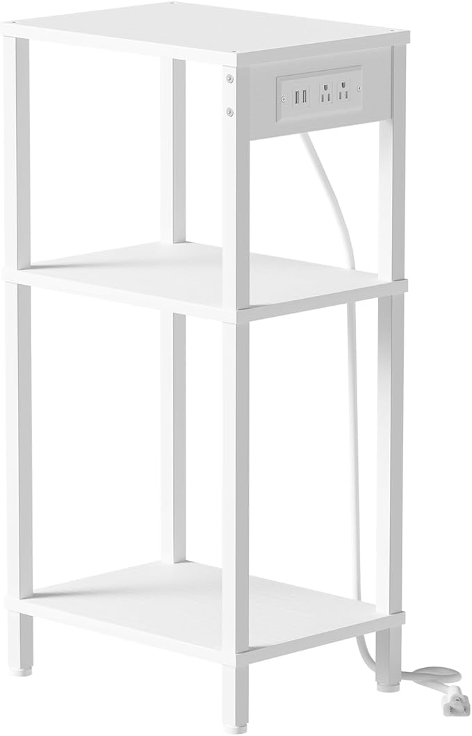 Tall End Table with Charging Station and USB Ports, 3 Tier Narrow Tall Bedside Table with Storage, Slim Nightstand with Outlets for Bedroom, Living Room, Nursery, Office, White