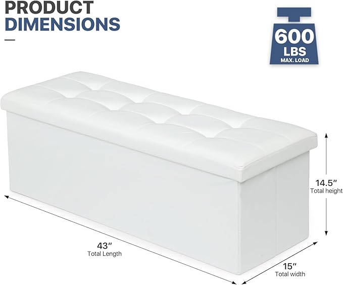 MoNiBloom 43 Inch Storage Ottoman Bench, 34 Gal. Folding Ottoman Footrest, End of Bed Bench, Rectangle Foot Stool, Supports 600 lbs, for Bedroom, Living Room, Entryway, Hallway, White