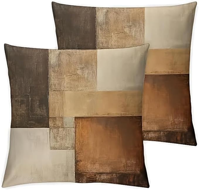 Decorative Throw Pillow Covers, Modern Abstract Brown Geometric Pattern, Set of 2，16x16 Pillows Linen Pillowcase，Modern Decorative Square Pillowcases for Sofa Couch Bedroom Living Room Car