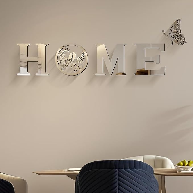 CrazyDeal Home Signs Wall Decor Letter Signs Length Mirror Wall Stickers Decorations for Living Room Bedroom Farmhouse The Home Modern Decorations Bird Wall Art Large（Silver Acrylic,49.2 X 15.7 Inch）