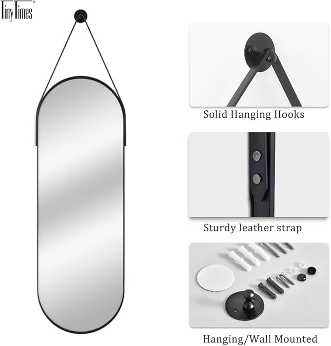 TinyTimes 48"x16" Hanging Mirror Full Length with Leather Strap,Oval Full Length Mirror Wall-Mounted Hanging Mirrors for Bathroom Vanity Living Room Bedroom Entryway Décor, Black