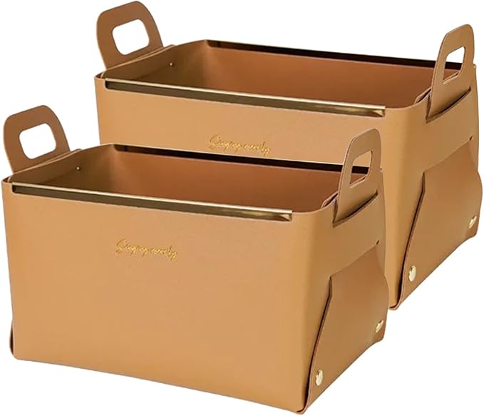 Decorative Faux Leather Basket,Small Catchall Basket for Entryway Bedside Dresser End table,Collapsible Rectangle Tray Organizer Box,Set of 2,Brown