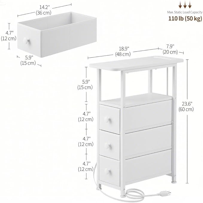 Narrow End Table with Charging Station, Narrow Side Table with Drawer, Small Nightstand with LED Light, Skinny Nightstand, Small Bedside Table for Living Room, Bedroom, Couch, White