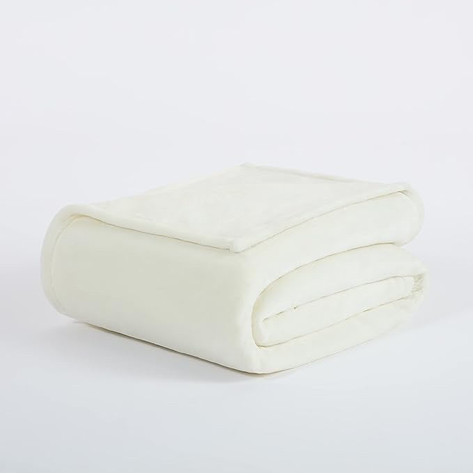 Serta Cozy Plush Thick Fuzzy Super Soft Lightweight Throw Blanket for Bed, Couch, or Travel, Queen (90 in x 90 in), Off White