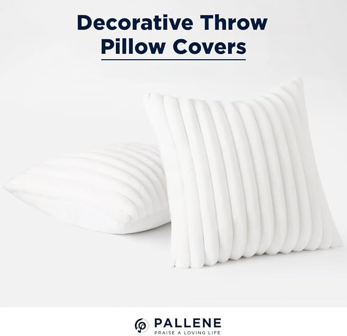 Pallene Faux Fur Plush Throw Pillow Covers 22x22 Set of 2, Luxury Soft Fluffy Striped Decorative Pillow Covers for Sofa, Couch, Living Room, White