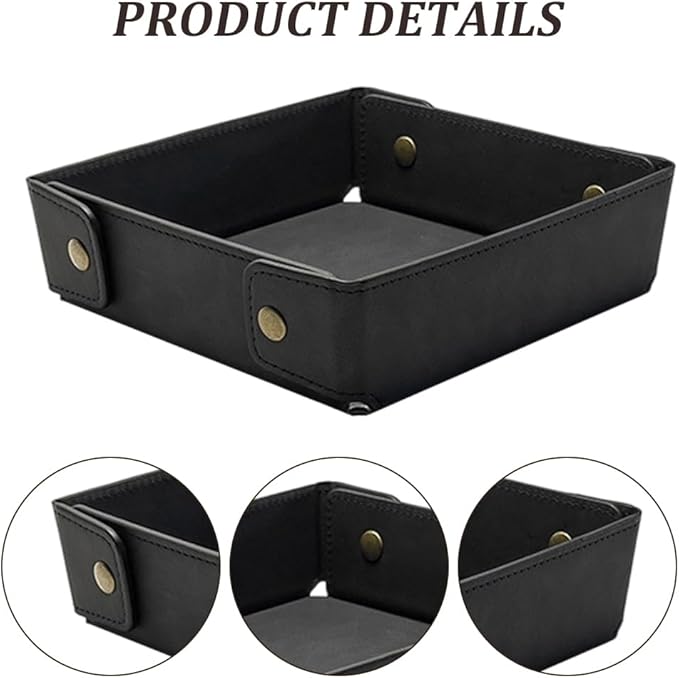 Portable PU Leather Valet Tray for Travel Foldable Leather Jewelry Storage Case Catchall Dish Plate Necklace Black Pendant Organizer Holder Container for Men Women Desk Bedside Drawers