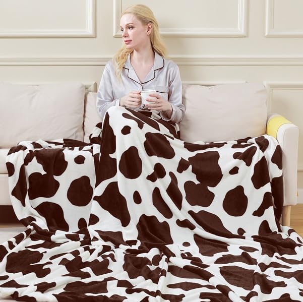 Fleece Cow Print Blanket King Size for All Season - Premium Lightweight Anti-Static Super Soft Cozy Plush Cow Blankets for King/Calking Bed,90" x 108"(Brown Cow)