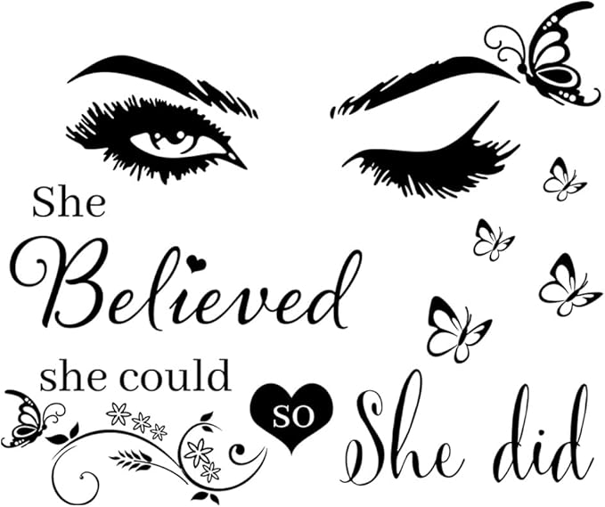 Wall Sticker Saying Vinyl Wall Decals Eyelash Eyes Inspirational Quotes She Believed She Could So She Did Wall Decal Butterfly Wall Stickers for Bedroom Living Room Classroom Office Girl Room Home