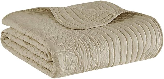 Madison Park Luxe Quilted Throw Blanket - Damask Stitching Design, Cotton Filled Spread, Ultra Soft, Cozy Bedding for Living Room Couch, Sofa, Bed, 60x72", Scalloped Borders Khaki
