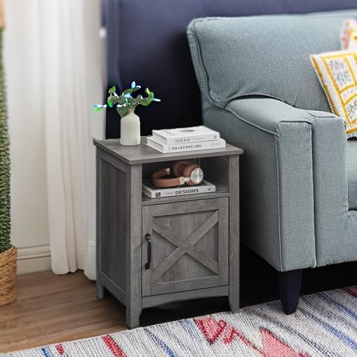 VASAGLE LIRY Collection - Farmhouse Nightstand with Barn Door, Bedside Table with Storage, Side End Table, Night Stand, Open Compartment, for Bedroom, Misty Gray ULET609G68