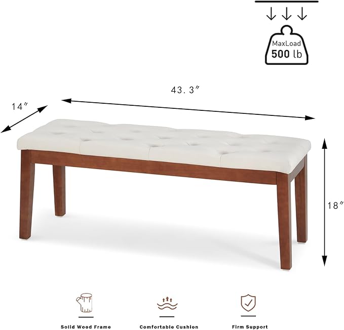 Ottoman Bench Upholstered Padded Seat with Solid Wood Legs and Button-Tufted, Faux Leather Black