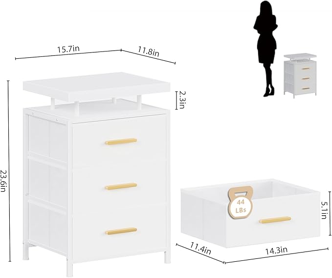 Nightstand with LED Lights, 3 Fabric Storage Drawers, Bedside Table with Floating Wood Top & PU Leather Fronts, Compact Modern End Table for Bedroom, Living Room or Dorm, White