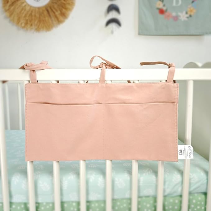 Baby Bedside Hanging Storage Bag - 2-Pocket Bedside Storage with High Capacity for Diapers & Essentials, Space-Saving Hanging Nursery Organizer 5 Colors Available (Pink)