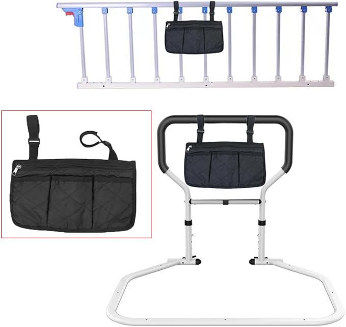 Bed Rails Bag with Cup Holder Phone Pouch 4 Pocket Storage Organizer Bag for Elderly Adults Safety Bed Assist Rail Medical Bed Support Bar Mobility Assistant Handle Bars Under Mattressbed Cane
