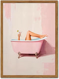 Funny Pink Girl Bathroom Wall Art, Cute Girly Bathtub Wall Decor Painting Trendy Pastel Woman and Martini Bathroom Poster Canvas Print Artwork 16x24 inch Framed