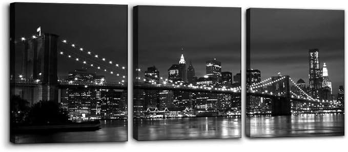 Pacimo New York Brooklyn Bridge Canvas Wall Art 3 Panels Night View Modern Landscape Artwork Cityscape Pictures Prints on Canvas Wall Decor for Home & Office Decoration - 12 x 16 inch x 3