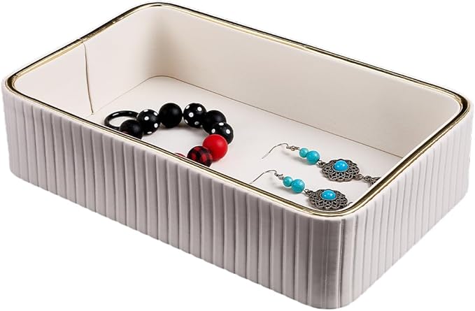 Beebeecraft Imitation Leather Desk Organizer Tray Floral White Small Nightstand Organizer Bedside Desktop Storage for Women Men Perfume Trinket Catchall Vanity Tray for Key Watch Wallet