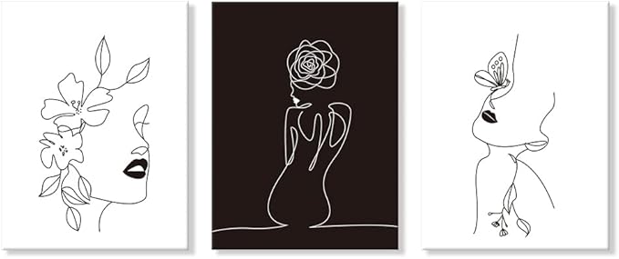 Chadow Artwork Minimalist Line Art Prints Set of 3 Abstract Women Faces Flower Wall Art Black and White Line Drawing Painting Modern Aesthetic Poster for Girls Bedroom Bathroom Living Room Decor